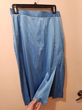 Blue Satin Wiggle Skirt with Front Side Slit Deadly Dames By Micheline Pitt